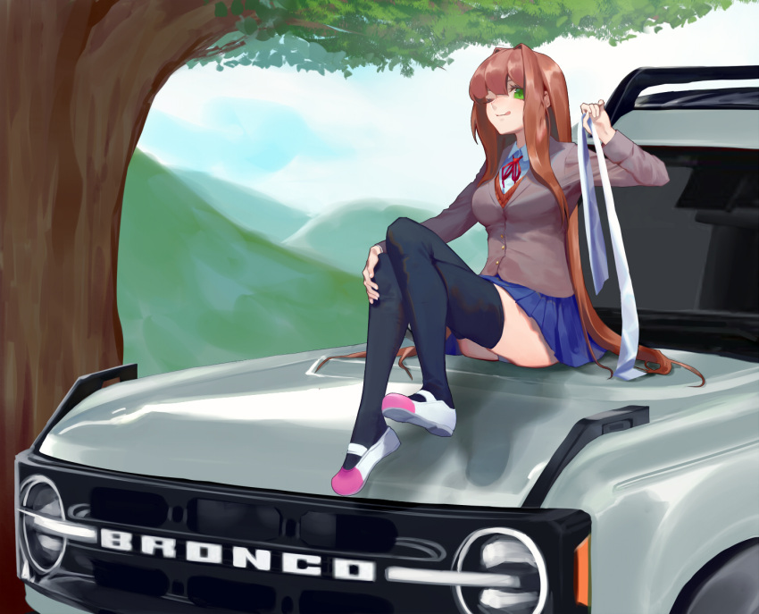 1girl alternate_hairstyle bangs blazer blue_skirt brown_hair brown_jacket brown_vest car collared_shirt commission doki_doki_literature_club english_commentary eyebrows_behind_hair ford ford_bronco green_eyes ground_vehicle highres holding holding_ribbon jacket licking long_hair monika_(doki_doki_literature_club) motor_vehicle mountain neck_ribbon odakojirou on_vehicle one_eye_closed red_ribbon ribbon school_uniform shirt sitting skirt sky solo thighhighs tree very_long_hair vest white_ribbon