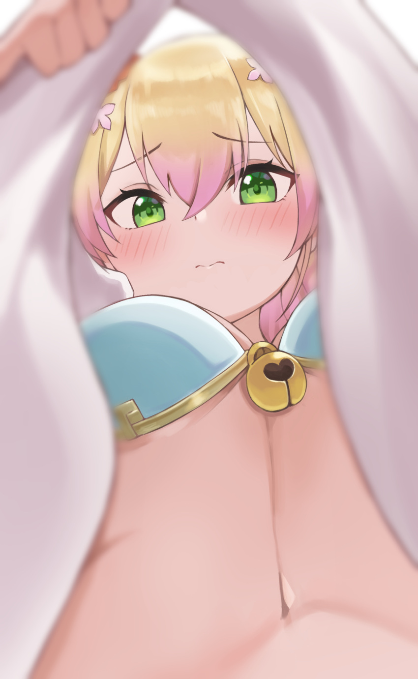 1girl absurdres ayama_nano bangs blonde_hair blue_bra blurry blurry_foreground blush bra breasts closed_mouth clothes_lift commentary_request eyebrows_visible_through_hair from_below green_eyes hair_between_eyes hair_ornament highres hololive lifted_by_self looking_at_viewer looking_down medium_breasts momosuzu_nene multicolored_hair purple_hair shirt shirt_lift solo streaked_hair undershirt underwear virtual_youtuber white_shirt