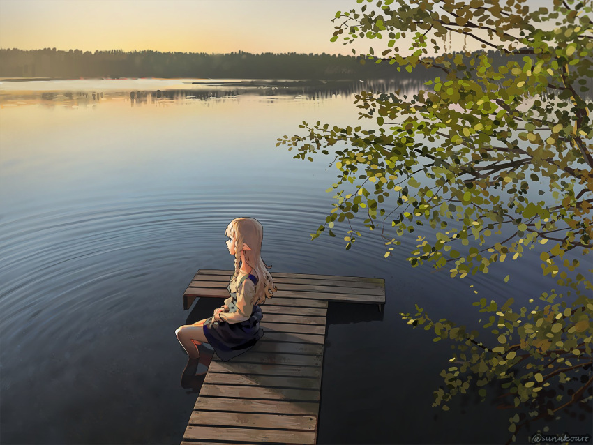 1girl blonde_hair blue_dress blue_eyes braid commentary dock dress dusk elf english_commentary evening forest highres lake nature original partially_submerged pointy_ears scenery shirt side_braid sitting sunako_(veera) tree white_shirt