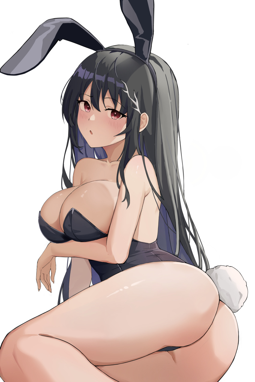 1girl absurdres animal_ears ass bare_arms bare_legs bare_shoulders black_hair black_leotard breast_hold breasts cleavage collarbone commission fake_animal_ears fake_tail hair_ornament hairband highres kiro_(kirotayu) large_breasts leotard long_hair looking_at_viewer original parted_lips playboy_bunny rabbit_ears rabbit_tail raised_eyebrow red_eyes second-party_source sidelocks simple_background sitting solo strapless strapless_leotard tail thighs white_background yokozuwari