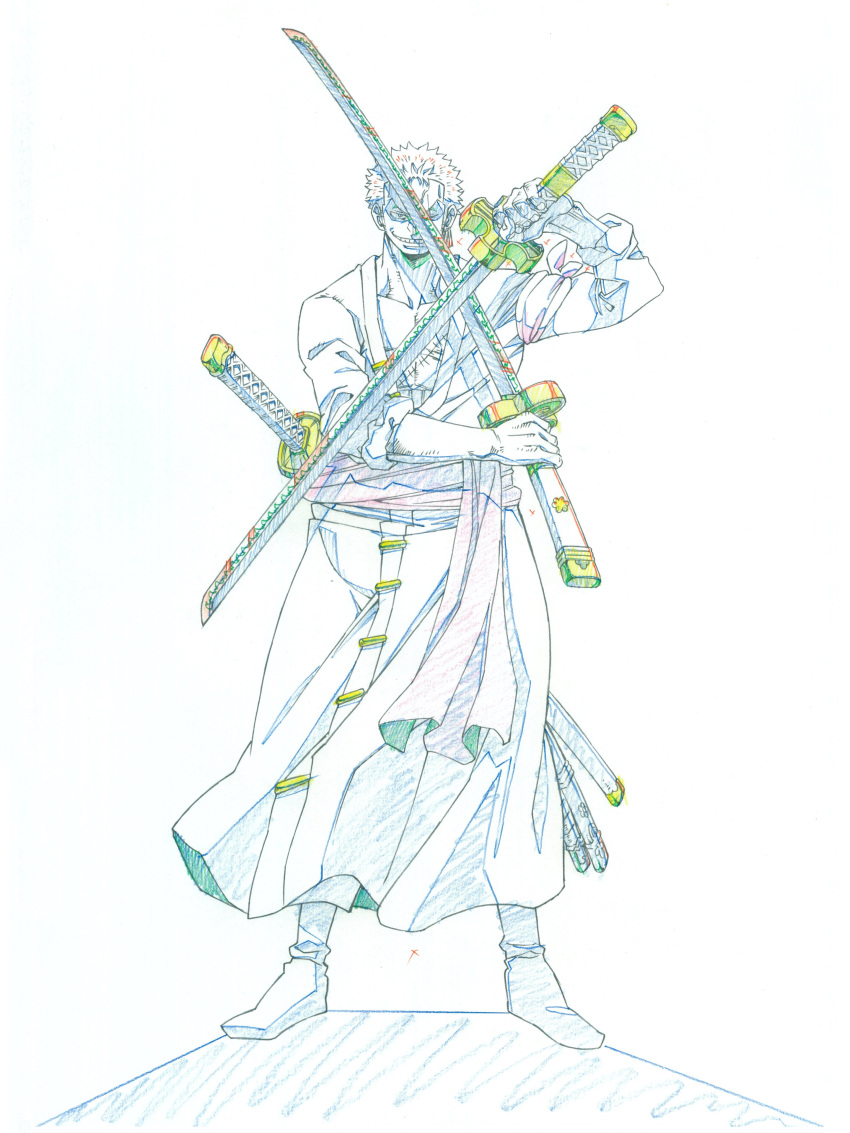 1boy absurdres artist_request commentary_request earrings fighting_stance happy highres japanese_clothes jewelry katana looking_at_viewer male_focus official_art one_piece roronoa_zoro scar scar_across_eye scar_on_chest short_hair simple_background sketch smile solo standing sword weapon white_background