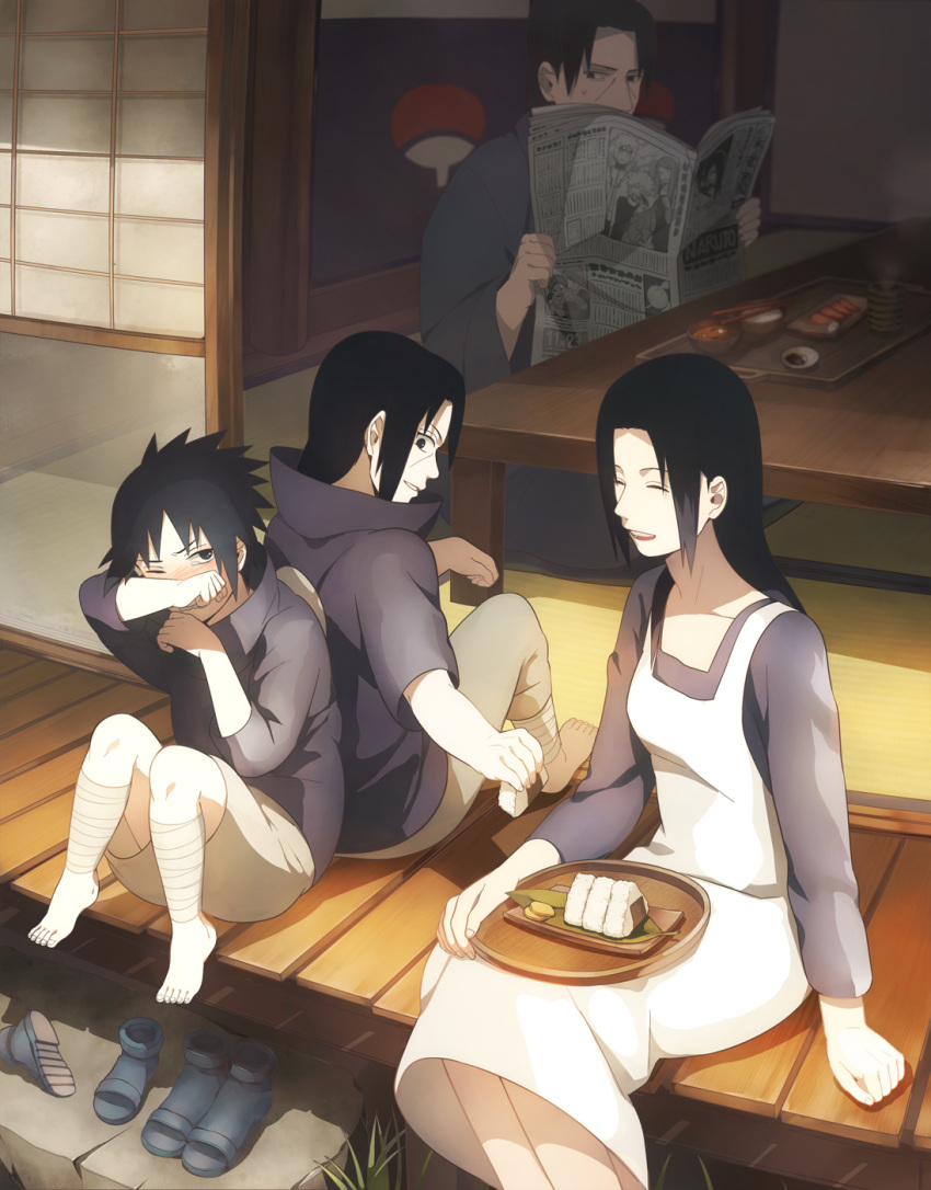 1girl 3boys apron back-to-back bangs black_eyes black_hair black_shirt bowl chopsticks family food highres holding long_hair looking_at_another multiple_boys naruto naruto_(series) newspaper oba-min one_eye_closed onigiri open_mouth rice sandals sashimi shirt short_sleeves shorts soup table teeth uchiha_fugaku uchiha_itachi uchiha_mikoto uchiha_sasuke white_shorts