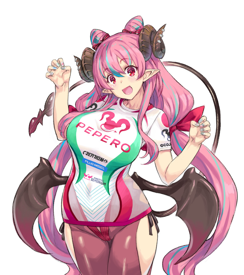 1girl :d absurdres blue_hair breasts claw_pose covered_navel demon_girl demon_horns demon_wings double_bun eyebrows_visible_through_hair groin hair_between_eyes hair_cones hands_up heart highres horns kiyama_satoshi large_breasts multicolored_hair multicolored_nails open_mouth original pink_hair pointy_ears red_eyes red_ribbon ribbon see-through short_sleeves simple_background smile solo streaked_hair thigh_gap thighs twintails two-tone_hair virtual_youtuber white_background wings