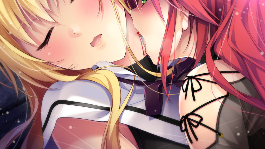 2girls blonde_hair blood blush closed_eyes game_cg green_eyes head_tilt long_hair multiple_girls neck_ribbon nightmare_x_vampire noba_(veronicanoha) official_art onizuki_rei open_mouth purple_ribbon red_hair ribbon sailor_collar shindou_yuuka upper_body vampire white_sailor_collar yuri