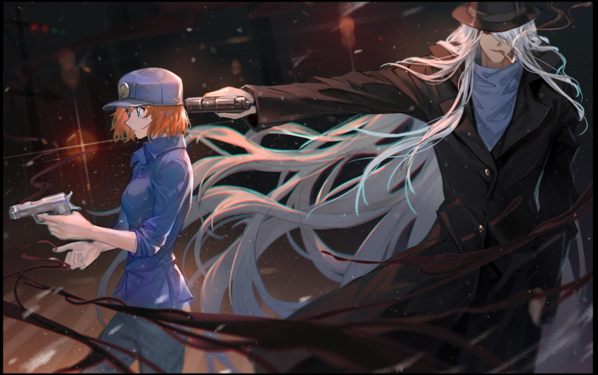 1boy 1girl 575639455 aiming at_gunpoint bangs black_background black_border black_coat black_headwear blue_eyes blue_headwear blurry border breasts brown_hair cigarette coat commentary_request covered_eyes cowboy_shot gin_(meitantei_conan) grey_hair gun gun_to_head haibara_ai hair_over_one_eye hand_in_pocket handgun hat highres holding holding_gun holding_weapon light_particles long_hair long_sleeves looking_at_another medium_breasts meitantei_conan miyano_shiho mouth_hold outstretched_arm short_hair sleeves_pushed_up smile smoke smoking snowing surprised turtleneck uniform very_long_hair weapon