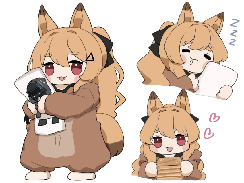 1girl :3 :d =_= animal_ears arknights baklava black_bow blush_stickers bow cameo ceobe_(arknights) chibi cropped_torso dakimakura_(object) doctor_(arknights) dog_ears dog_girl dog_tail drooling fang food hair_between_eyes hair_bow heart highres holding holding_food long_hair looking_at_viewer multiple_views object_hug official_alternate_costume onesie open_mouth pillow pillow_hug red_eyes simple_background smile someyaya tail thick_eyebrows very_long_hair white_background zzz