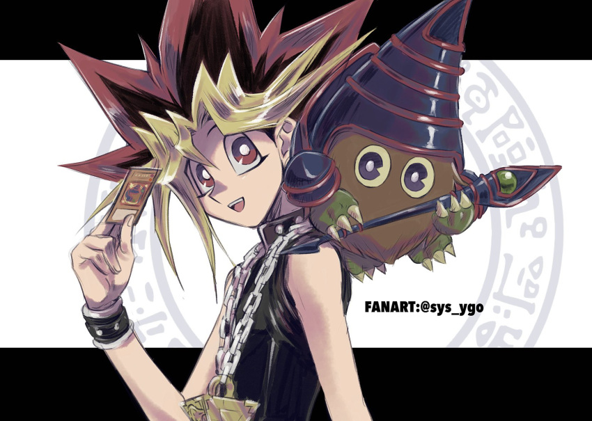 1boy :d black_shirt blonde_hair bright_pupils brown_hair card chain_necklace commentary_request duel_monster hand_up highres holding holding_card kuriboh magikuriboh male_focus millennium_puzzle mutou_yuugi open_mouth red_eyes red_hair shirt sleeveless sleeveless_shirt smile soya_(sys_ygo) spiked_hair teeth tongue twitter_username upper_teeth white_pupils yu-gi-oh!