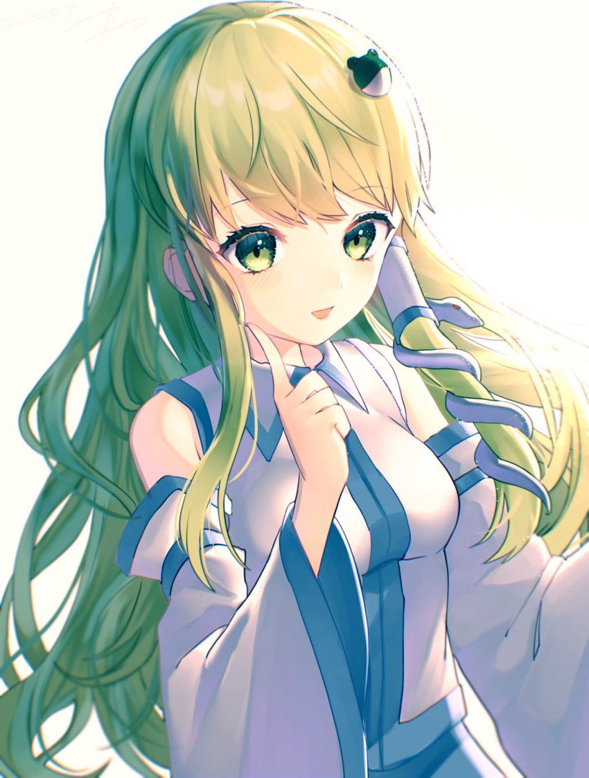 1girl :d arm_up bangs bare_shoulders blue_skirt blush breasts collared_shirt commentary_request dated detached_sleeves finger_to_mouth fingernails frog_hair_ornament green_eyes green_hair hair_ornament happy highres kisamu_(ksmz) kochiya_sanae large_breasts long_hair long_sleeves looking_at_viewer nontraditional_miko open_mouth shirt sidelighting sidelocks simple_background skirt smile snake_hair_ornament solo standing teeth touhou upper_body upper_teeth white_background white_shirt wide_sleeves wing_collar