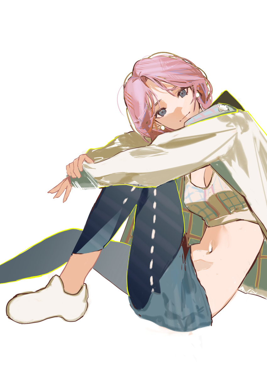 1girl absurdres arknights arms_on_knees blue_eyes blue_pants blue_poison_(arknights) blue_poison_(shoal_beat)_(arknights) braid breasts cleavage closed_mouth commentary earrings hands_on_own_knees highres jacket jewelry midriff navel official_alternate_costume open_clothes open_jacket pants pink_hair sitting solo sports_bra tanuka_(tnk0150) twin_braids white_background white_footwear white_jacket white_sports_bra yoga_pants