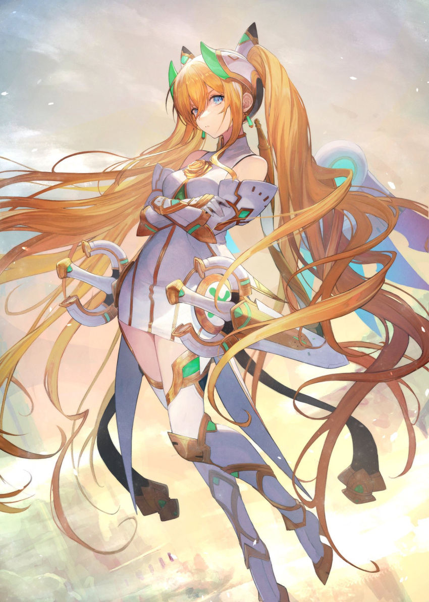1girl bare_shoulders blonde_hair blue_eyes breasts character_request commentary_request crossed_arms dress earrings gauntlets hair_between_eyes high_heels highres jewelry long_hair looking_at_viewer othellonia sheath sheathed shirataki_jiro small_breasts solo sword thighhighs twintails very_long_hair weapon