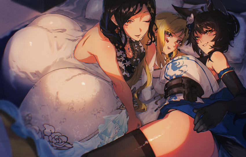 3girls ;) all_fours animal_ears arm_support ass backless_dress backless_outfit bangs bare_shoulders bed belt black_belt black_gloves black_hair black_legwear black_panties black_shirt blonde_hair blue_skirt blush braid breasts brown_hair cleavage dress earrings elbow_gloves eyebrows_visible_through_hair facial_mark flower flutoitoi fox_ears fox_girl fox_tail fumi_(nijisanji) gloves grin hair_between_eyes hair_flower hair_ornament heart highres japanese_clothes jewelry large_breasts long_hair looking_at_viewer looking_back luis_cammy lying multiple_girls murechika necklace nijisanji obi official_alternate_costume on_bed on_side on_stomach one_eye_closed open_clothes open_mouth open_skirt orange_eyes panties parted_bangs pillow pleated_skirt sash shirayuki_tomoe shirt skirt smile string_panties tail thighhighs underwear virtual_youtuber white_dress white_flower white_gloves white_shirt yellow_eyes