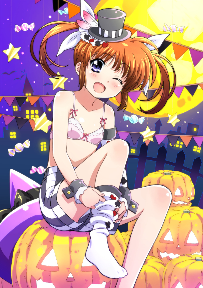 1girl absurdres adjusting_clothes adjusting_legwear bangs bat black_headwear black_shorts blue_eyes bow bow_bra bra brown_hair candy commentary eyebrows_visible_through_hair flat_chest food full_moon hair_ribbon halloween halloween_costume hat highres jack-o'-lantern knee_up looking_at_viewer lyrical_nanoha mahou_shoujo_lyrical_nanoha medium_hair mini_hat mini_top_hat miyajima_hitoshi moon night night_sky one_eye_closed open_mouth pink_bra ribbon short_shorts shorts sitting sky smile socks solo star_(symbol) string_of_flags striped striped_shorts takamachi_nanoha tilted_headwear top_hat twintails underwear vertical-striped_shorts vertical_stripes white_legwear white_ribbon witch_hat wrist_cuffs