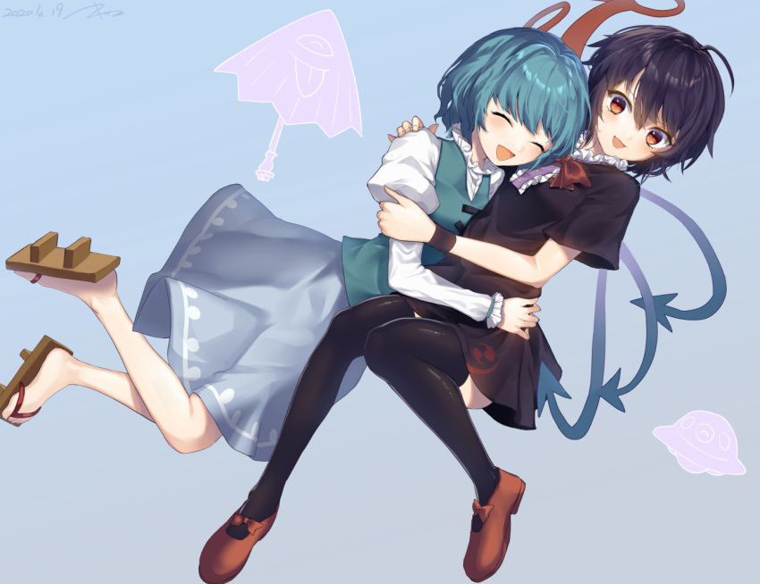 2girls :d ahoge asymmetrical_wings bangs black_dress black_hair black_legwear black_wristband blue_hair blue_skirt blue_vest blush bow bowtie breasts center_frills closed_eyes commentary dated dress embarrassed eyelashes fang fingernails footwear_bow frills full_body geta hand_on_another's_shoulder happy houjuu_nue hug karakasa_obake kisamu_(ksmz) light_blue_background mary_janes multiple_girls open_mouth red_bow red_bowtie red_eyes red_footwear sandals shiny shiny_hair shirt shoes short_hair short_sleeves simple_background skirt small_breasts smile sweatdrop tatara_kogasa thighhighs touhou ufo umbrella vest white_shirt white_sleeves wings