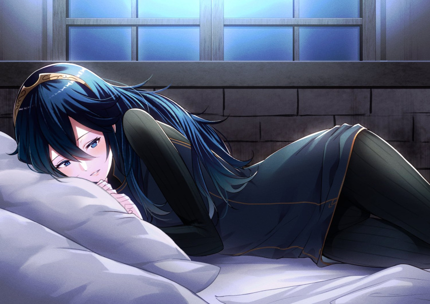 1girl ameno_(a_meno0) bangs bed black_sweater blue_eyes blue_hair blush fire_emblem fire_emblem_awakening hair_between_eyes indoors jewelry lips long_hair long_sleeves looking_down lucina_(fire_emblem) lying moonlight night on_bed on_side parted_lips pillow pink_lips ribbed_sweater solo sweater symbol-shaped_pupils teeth tiara window