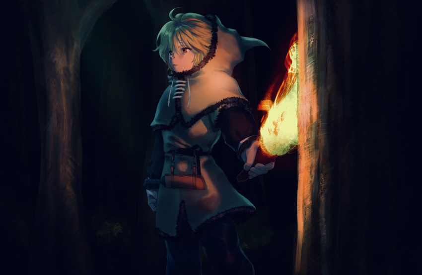 1boy blonde_hair brown_eyes fire fur-trimmed_hood fur_trim highres hood long_sleeves male_focus shade thorfinn tnsb_vs torch tree tunic viking vinland_saga