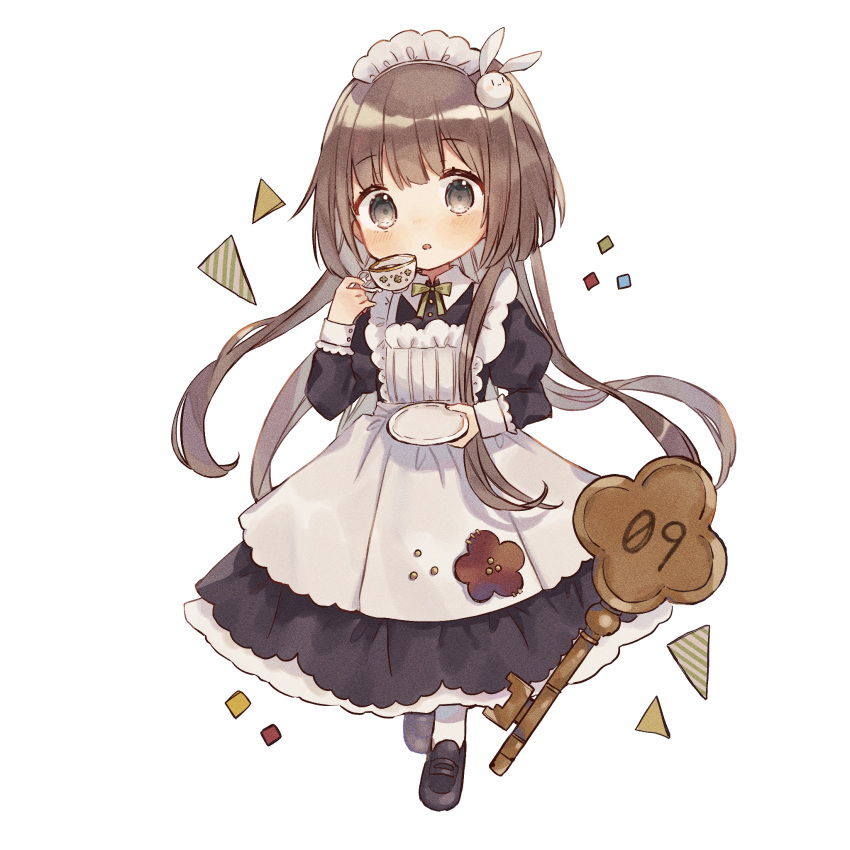 1girl apron bangs black_dress black_footwear blush brown_eyes brown_hair bunny_hair_ornament commentary cup dress eyebrows_visible_through_hair frilled_apron frills full_body hair_ornament highres holding holding_cup holding_saucer juliet_sleeves loafers long_hair long_sleeves looking_at_viewer maid maid_apron maid_headdress original pantyhose parted_lips puffy_sleeves saucer shano-pirika shoes simple_background solo teacup very_long_hair white_apron white_background white_legwear
