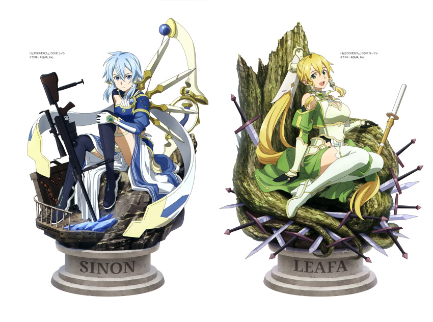 2girls :d absurdres against_tree armor black_gloves blonde_hair blue_dress blue_eyes blue_footwear blue_hair boots breastplate character_name closed_mouth dress faux_figurine floating_hair full_body gloves green_eyes green_skirt gun high_ponytail highres leafa leafa_(terraria) long_hair looking_at_viewer medium_skirt multiple_girls official_art pgm_hecate_ii rifle shiny shiny_hair short_hair_with_long_locks shoulder_armor sidelocks sinon sinon_(solus) sitting skirt smile sniper_rifle sword_art_online thigh_boots thigh_gap thighhighs thighs tree very_long_hair weapon white_background white_legwear