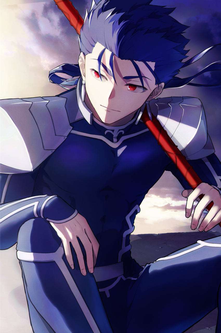 1boy armor blue_bodysuit blue_hair bodysuit closed_mouth cu_chulainn_(fate) cu_chulainn_(fate/stay_night) fate/stay_night fate_(series) floating_hair gae_bolg_(fate) highres long_hair long_sleeves looking_to_the_side low_ponytail male_focus outdoors ponytail red_eyes shoulder_armor sitting solo tamayan_(tmyaaa_tk)