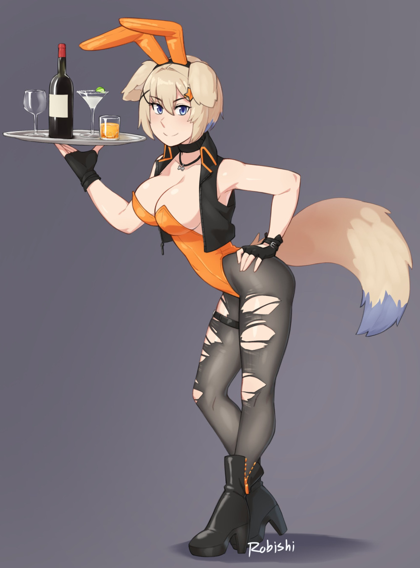 1girl absurdres animal_ears artist_name bangs bare_arms bare_shoulders black_choker black_gloves black_jacket black_legwear blonde_hair blue_eyes blue_hair bottle breasts choker commentary commission cropped_jacket cup drinking_glass english_commentary eyebrows_visible_through_hair fake_animal_ears fingerless_gloves full_body gloves hair_between_eyes hair_ornament hairband hand_on_hip high_heels highres holding holding_tray jacket large_breasts leaning_forward leotard looking_at_viewer multicolored_hair open_clothes open_jacket orange_leotard original pantyhose rabbit_ears rob_ishi short_hair simple_background sleeveless sleeveless_jacket smile solo split_mouth tail thigh_strap torn_clothes torn_legwear tray two-tone_hair x_hair_ornament
