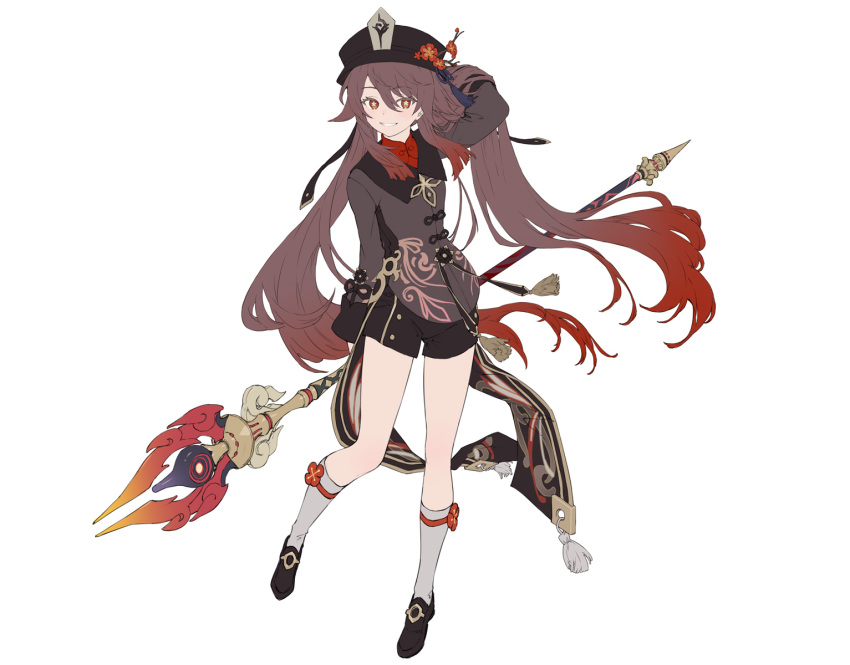 1girl arm_up benitama black_headwear black_shorts brown_hair chinese_clothes flower full_body genshin_impact hand_in_hair hat hat_flower highres holding holding_weapon hu_tao_(genshin_impact) long_hair long_sleeves looking_at_viewer multicolored_hair polearm red_eyes red_hair shorts simple_background smile solo staff_of_homa_(genshin_impact) standing symbol-shaped_pupils tailcoat top_hat twintails two-tone_hair weapon white_background