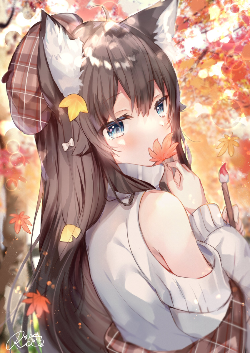 1girl absurdres ahoge animal_ear_fluff animal_ears autumn autumn_leaves bangs bare_shoulders black_hair blue_eyes brown_headwear cat_ears clothing_cutout commentary_request covered_mouth eyebrows_visible_through_hair hair_between_eyes highres holding holding_leaf holding_paintbrush leaf long_hair long_sleeves maple_leaf original paintbrush plaid plaid_headwear rukako shoulder_cutout signature solo sweater turtleneck turtleneck_sweater very_long_hair virtual_youtuber white_sweater