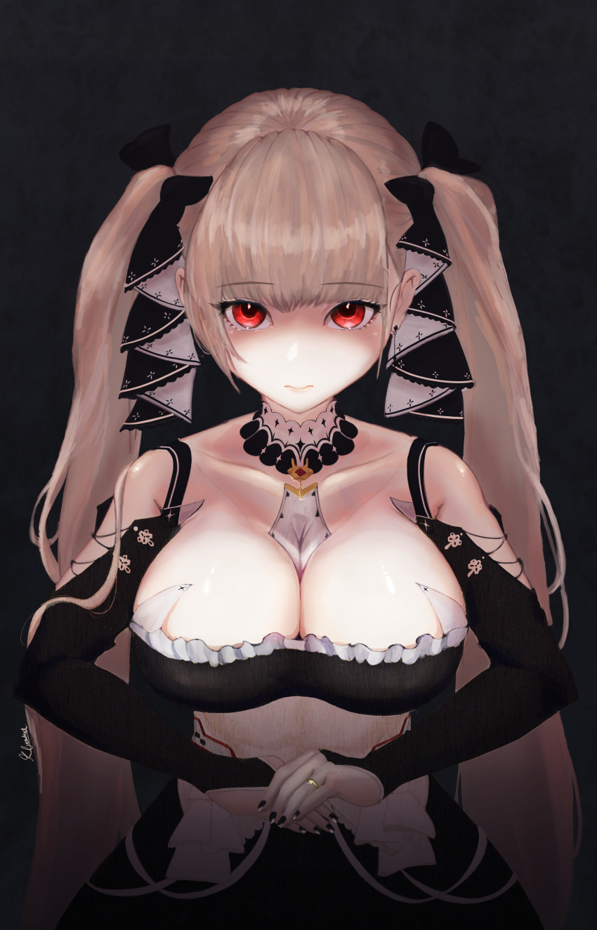 1girl absurdres azur_lane bare_shoulders between_breasts black_background black_dress black_nails breasts cleavage closed_mouth clothing_cutout collarbone commentary_request detached_collar dress eyebrows_visible_through_hair formidable_(azur_lane) frilled_dress frills gothic_lolita highres jewelry large_breasts lolita_fashion long_hair looking_at_viewer nail_polish neckwear_between_breasts own_hands_together red_eyes ribbon ring shoulder_cutout signature simple_background solo straight-on sui_yamami twintails two-tone_dress two-tone_ribbon very_long_hair wedding_ring