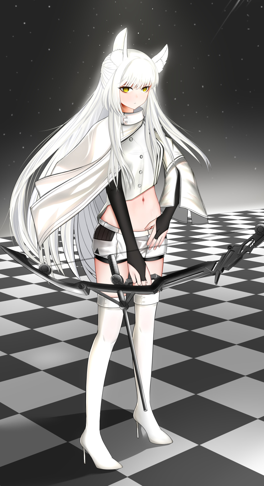 1girl absurdres animal_ear_fluff animal_ears arknights bangs black_gloves boots bridal_gauntlets checkered checkered_floor chinese_commentary commentary_request crop_top full_body gloves high_heel_boots high_heels highres huanyi_huanhuanzi incredibly_absurdres jacket long_hair long_sleeves looking_at_viewer midriff navel platinum_(arknights) shadow short_shorts shorts silver_hair solo standing stomach thigh_boots thighhighs very_long_hair white_footwear white_jacket white_shorts wide_sleeves yellow_eyes