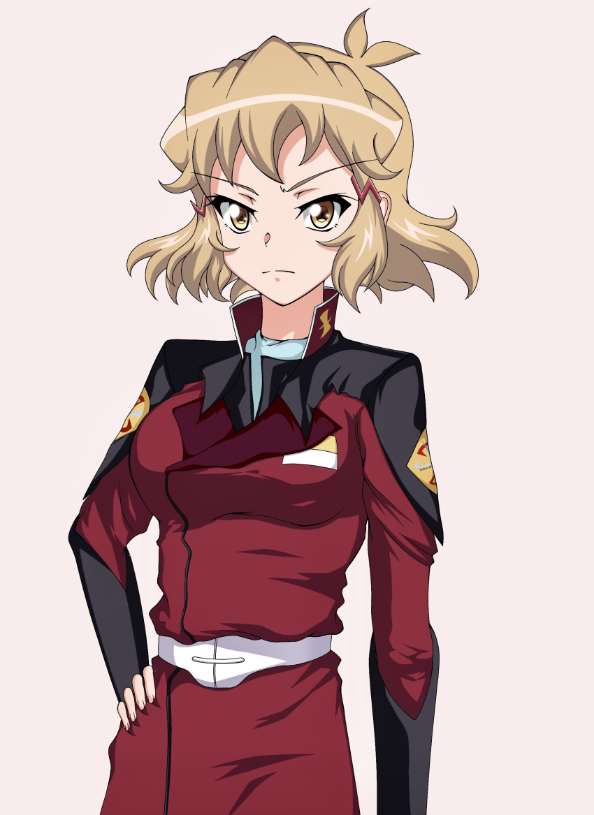 1girl absurdres belt breasts brown_hair cosplay eyebrows_visible_through_hair frown gundam gundam_seed gundam_seed_destiny hair_behind_ear hand_on_hip highres jacket kyomeihibiki medium_breasts military military_uniform pink_background red_jacket senki_zesshou_symphogear shinn_asuka shinn_asuka_(cosplay) solo tachibana_hibiki_(symphogear) tachibana_hibiki_(symphogear)_(another) uniform v-shaped_eyebrows white_belt yellow_eyes