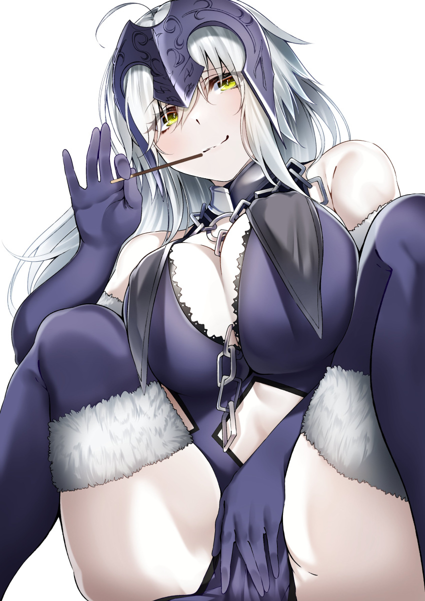 1girl absurdres ahoge bangs bare_shoulders black_dress black_gloves black_legwear breasts chain cleavage collar dress elbow_gloves fate/grand_order fate_(series) food fur-trimmed_gloves fur-trimmed_legwear fur_trim gloves headpiece highres jeanne_d'arc_(alter)_(fate) jeanne_d'arc_(fate) large_breasts len_(hand_linke) long_hair looking_at_viewer metal_collar pelvic_curtain pocky pocky_day silver_hair smile squatting thighhighs very_long_hair yellow_eyes