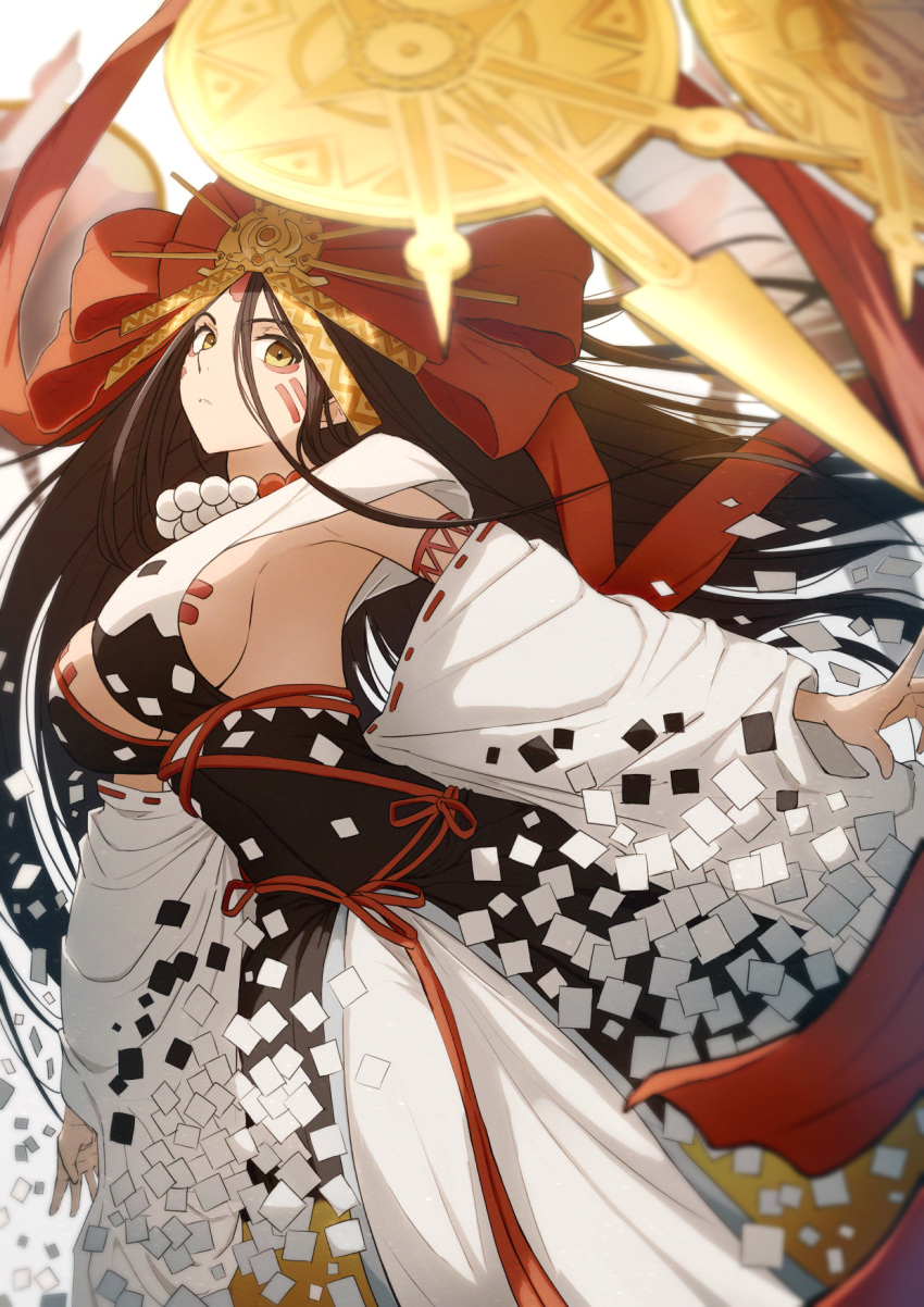 1girl bare_shoulders bead_necklace beads body_markings breasts brown_hair cleavage collarbone facial_mark fate/grand_order fate_(series) forehead forehead_mark headpiece highres himiko_(fate) ichi_yoshida japanese_clothes jewelry kimono large_breasts long_hair looking_at_viewer mirror necklace off_shoulder sash white_kimono yellow_eyes