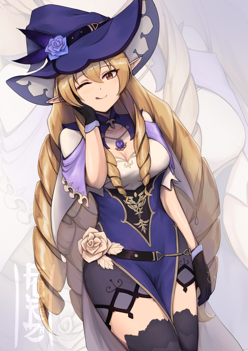 1girl absurdres bangs black_gloves blonde_hair breasts cleavage closed_mouth cosplay cowboy_shot drill_hair elinalise_dragonroad eyebrows_visible_through_hair flareza genshin_impact gloves hair_between_eyes hat highres jewelry lisa_(genshin_impact) lisa_(genshin_impact)_(cosplay) long_hair looking_at_viewer mushoku_tensei noise one_eye_closed pointy_ears purple_headwear smile solo tanaka_rie thighhighs tongue tongue_out very_long_hair voice_actor_connection witch_hat