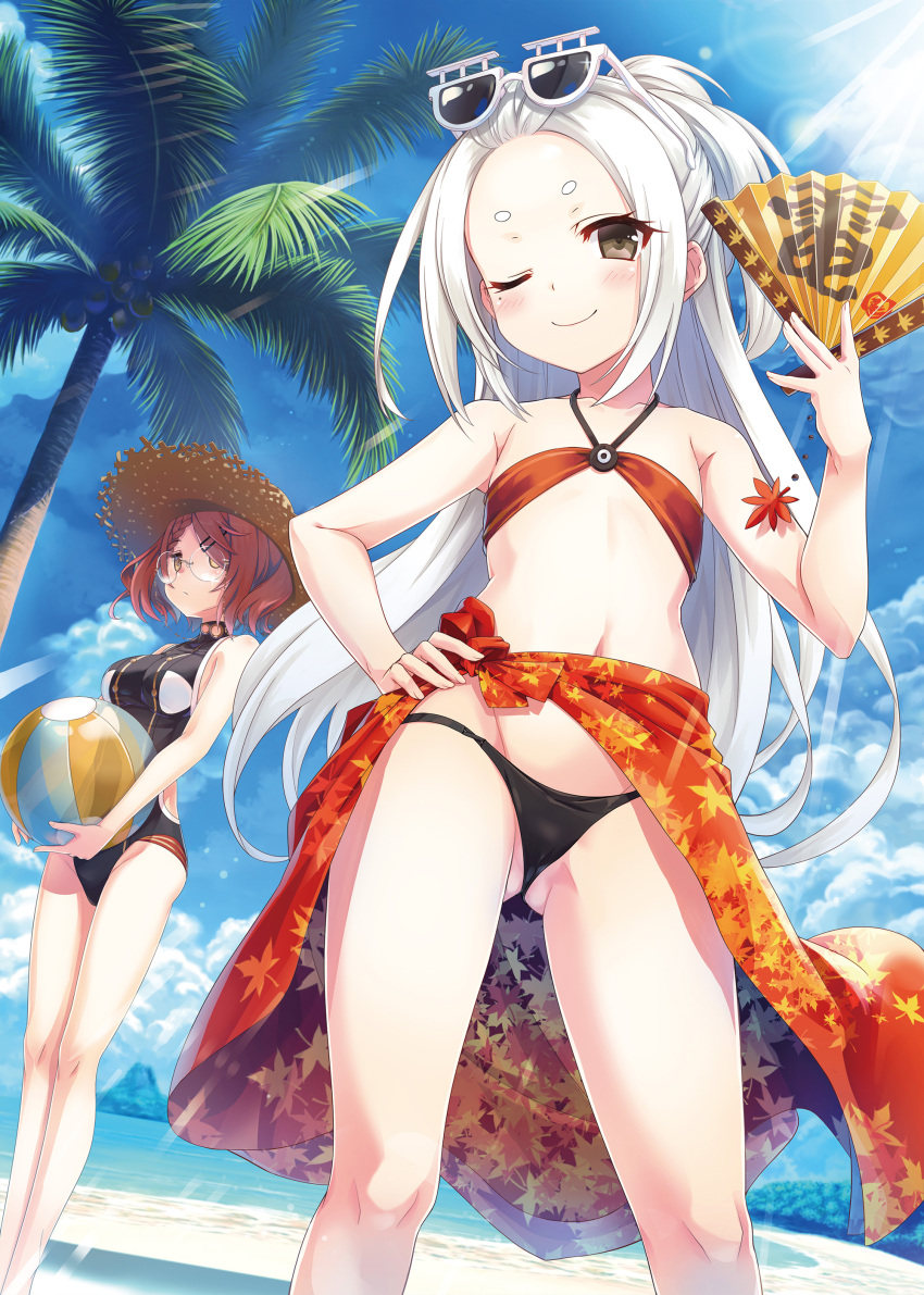 2girls absurdres ass_visible_through_thighs ball bangs bare_arms bare_shoulders beach beachball bikini black_bikini black_swimsuit blue_sky blush braid breasts brown_eyes casual_one-piece_swimsuit closed_mouth cloud coconut_tree collarbone commentary_request cura day denshahime eyewear_on_head feet_out_of_frame flat_chest folding_fan forehead glasses groin hair_ornament hairclip half_updo halterneck hand_fan hat highres hiyoko_(maitetsu) holding holding_ball holding_beachball holding_fan leaf_print light_rays long_hair looking_at_viewer maitetsu medium_breasts multiple_girls navel ocean official_art one-piece_swimsuit one_eye_closed outdoors palm_tree pink_hair red_bikini round_eyewear sarong short_hair sidelocks sky smile standing straw_hat sun_hat sunbeam sunglasses sunlight swimsuit thick_eyebrows thighs thong_bikini tree very_long_hair white-framed_eyewear white_hair