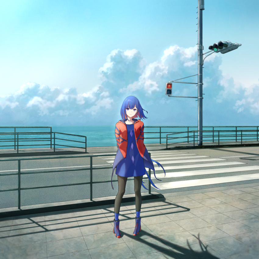 1girl anyotete arms_behind_back blue_eyes blue_hair cloud colored_inner_hair commentary crosswalk dress highres hood hood_down jacket kamitsubaki_studio multicolored_eyes multicolored_hair open_clothes open_jacket outdoors pantyhose red_eyes red_hair rim_(kamitsubaki_studio) shadow shoes short_hair sky solo standing traffic_light virtual_youtuber yellow_pupils