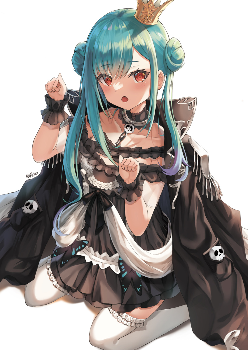 1girl absurdres alter_(kxk7357) aqua_hair bangs black_choker black_coat black_dress chain choker coat coat_on_shoulders collarbone colored_tips crown double_bun dress eyebrows_visible_through_hair fang flat_chest frilled_legwear frilled_straps frills full_body highres hololive kneeling long_hair looking_at_viewer mini_crown multicolored_hair off-shoulder_dress off_shoulder open_mouth paw_pose purple_hair red_eyes short_dress simple_background solo thighhighs tilted_headwear twintails twitter_username two-tone_hair uneven_twintails uruha_rushia virtual_youtuber white_background white_legwear wristband