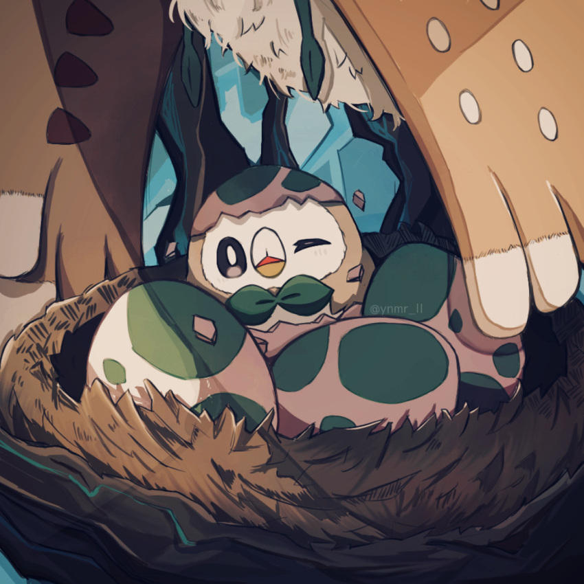 artist_name beak bird bird_nest black_eyes commentary_request decidueye egg eggshell evolutionary_line hatching looking_at_viewer no_humans one_eye_closed open_mouth pokemon pokemon_(creature) rowlet ynmr_ll