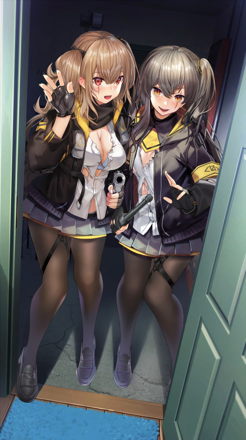 2girls aiming_at_viewer armband bangs baton_(weapon) black_footwear black_gloves black_legwear bra breasts brown_eyes brown_hair commentary_request fingerless_gloves girls'_frontline gloves grey_hair grey_skirt gun gun_pointing_at_viewer handgun highres holding holding_gun holding_weapon indoors jacket looking_at_viewer medium_breasts multiple_girls nail_polish one_side_up open_mouth pantyhose partial_commentary pink_nails pistol qibu_yuren_jiu red_eyes scar scar_across_eye scar_on_face shirt skirt small_breasts standing teeth torn_clothes ump45_(girls'_frontline) ump9_(girls'_frontline) underwear uniform upper_teeth weapon white_bra white_shirt