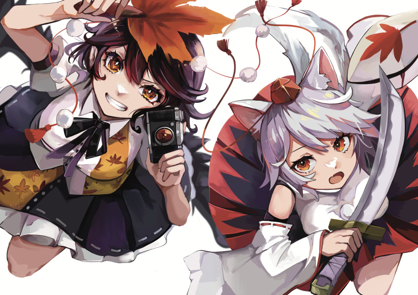 2girls absurdres animal_ear_fluff animal_ears arm_up bangs bare_shoulders bird_wings black_hair black_skirt black_wings blush breasts brown_eyes camera commentary_request detached_sleeves eyebrows_visible_through_hair fang grin hair_between_eyes hand_fan hat hauchiwa highres holding holding_camera holding_fan holding_leaf holding_shield holding_sword holding_weapon inubashiri_momiji large_breasts leaf leaf_print long_sleeves looking_at_viewer mamiya_miya maple_leaf_print multiple_girls open_mouth petticoat pom_pom_(clothes) red_headwear scimitar shameimaru_aya shield shirt short_hair silver_hair simple_background skin_fang skirt smile sword tail tassel tokin_hat touhou weapon white_background white_shirt wide_sleeves wings wolf_ears wolf_tail