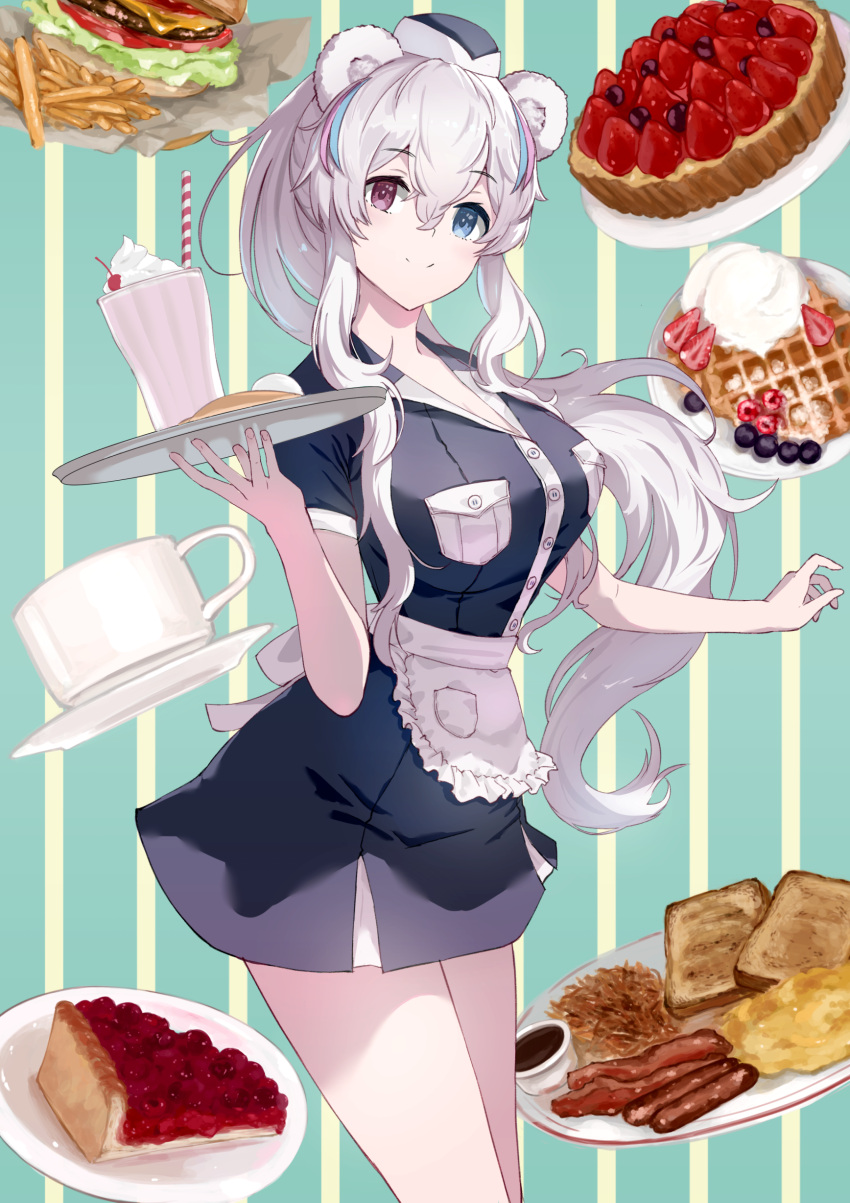 1girl absurdres animal_ears apron aqua_background arknights bacon bear_ears blue_dress blue_eyes blue_hair blue_headwear blush breast_pocket breasts burger cake cherry cleavage closed_mouth coffee_mug commentary_request cowboy_shot cream cup dai00888 dress food french_fries frilled_apron frills fruit heterochromia highres holding holding_tray ice_cream large_breasts long_hair looking_at_viewer mug multicolored_hair pink_hair pocket ponytail purple_eyes rosa_(arknights) short_dress short_sleeves sidelocks smile solo strawberry streaked_hair striped striped_background sundae toast tray two-tone_background very_long_hair waist_apron white_apron