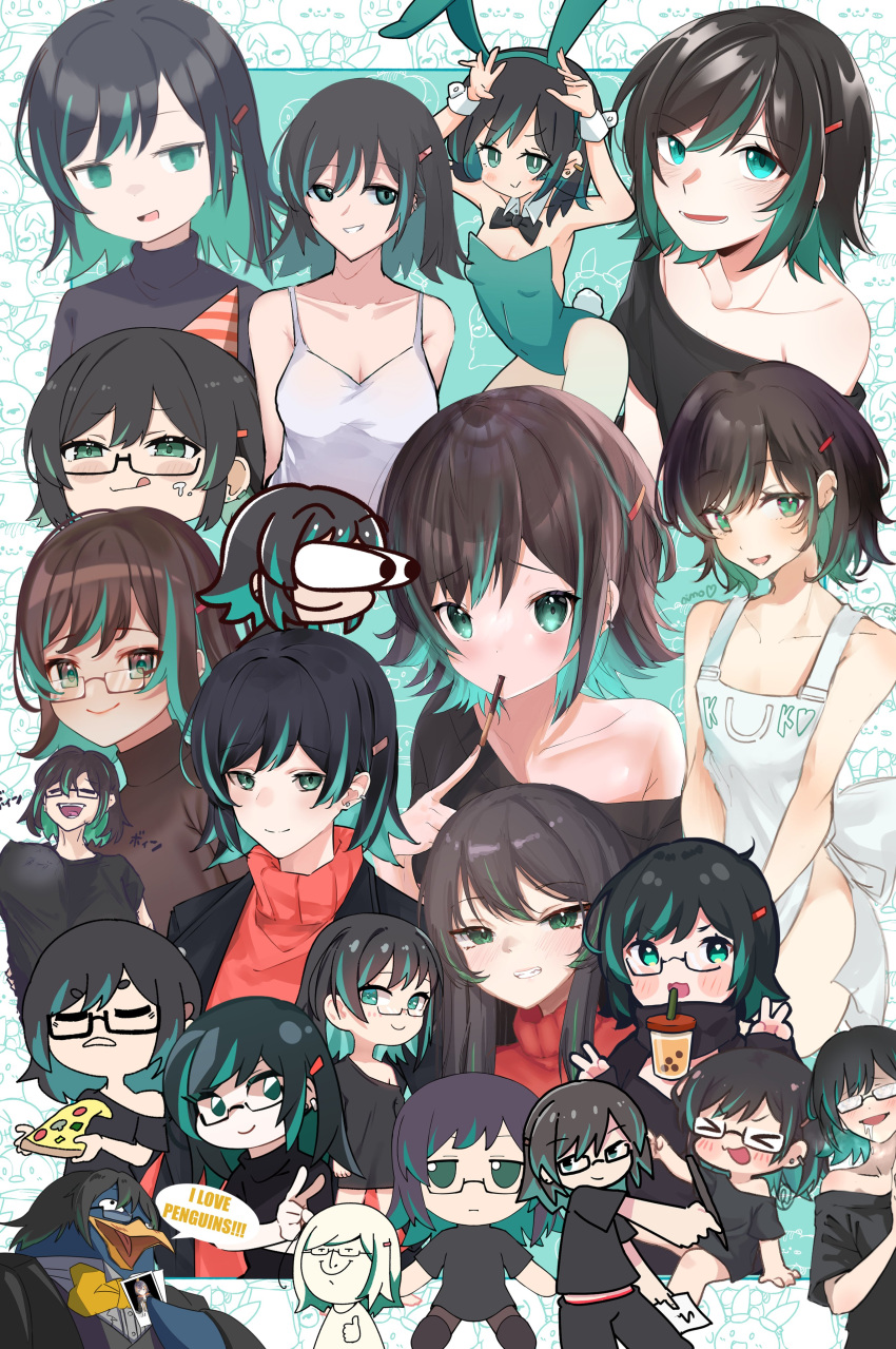 &gt;_&lt; 1girl 2nii absurdres animal_ears animalization artpatient black_bow black_bowtie black_hair blush booba_(meme) borrowed_character bow bowtie breasts bubble_tea bubble_tea_challenge chibi chroneco cleavage cleavage_cutout clothing_cutout collaboration collage colored_inner_hair dayshiart detached_collar dokuro_deluxe dress dudul english_commentary eye_pop fake_animal_ears female_pervert glasses green_eyes green_hair green_leotard hair_behind_ear harutimu hayate_fish highres holding holding_photo hololive hyde_(tabakko) klaius kukie-nyan_(character) laughing leotard licking_lips lyrinne maru_ccy matsurisu medium_breasts meme mittsu multicolored_hair multiple_views nijisanji nijisanji_en nillith oimo_0imo open_mouth original pentomo_(petra_gurin) pervert petra_gurin photo_(object) playboy_bunny potato7192 rabbit_ears rabbit_tail red_sweater roamingtuna ronin_(zeth_total) saliva smile speech_bubble sweater tail takeru takeru_(hashiru11275) tongue tongue_out virtual_youtuber vyolfers wakatsuki_misato wakatsuki_misato_(character) white_dress yellow_bow yellow_bowtie yukkuri_shiteitte_ne