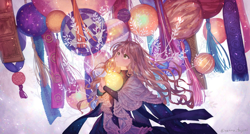 1girl 778-go ball bangs black_dress branch brown_hair commentary cowboy_shot dress floating_hair green_eyes hair_between_eyes highres holding lamp lantern light_particles long_hair long_sleeves looking_away looking_up orb original planet scarf shawl solo sparkle sweat tassel turtleneck