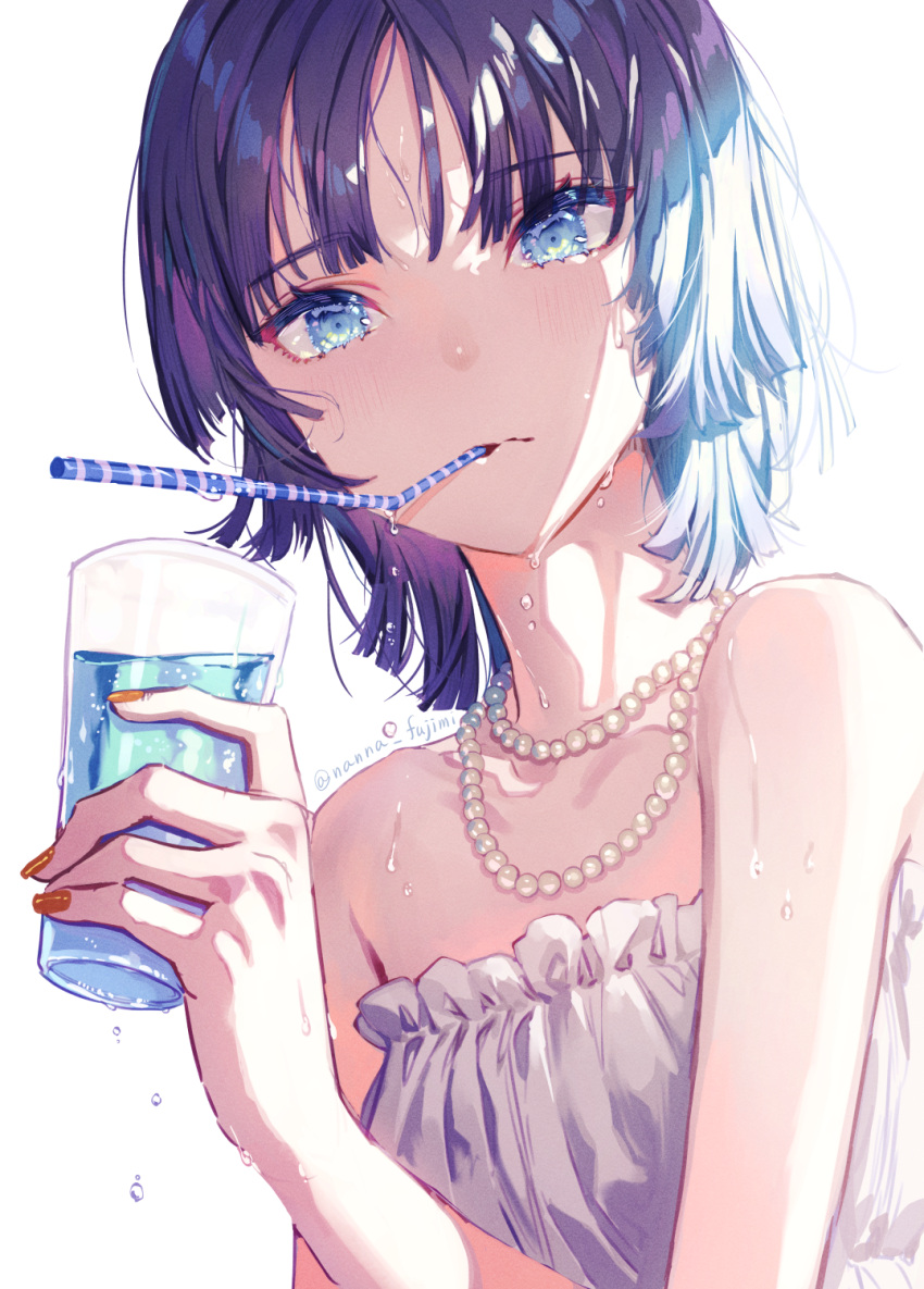 1girl 778-go backlighting bangs bare_shoulders bendy_straw black_hair blue_eyes blunt_bangs blush cup drinking_glass drinking_straw dripping frills from_below highres holding holding_cup jewelry looking_at_viewer nail_polish necklace orange_nails original pearl_necklace short_hair sidelocks simple_background solo strapless upper_body water wet wet_hair white_background