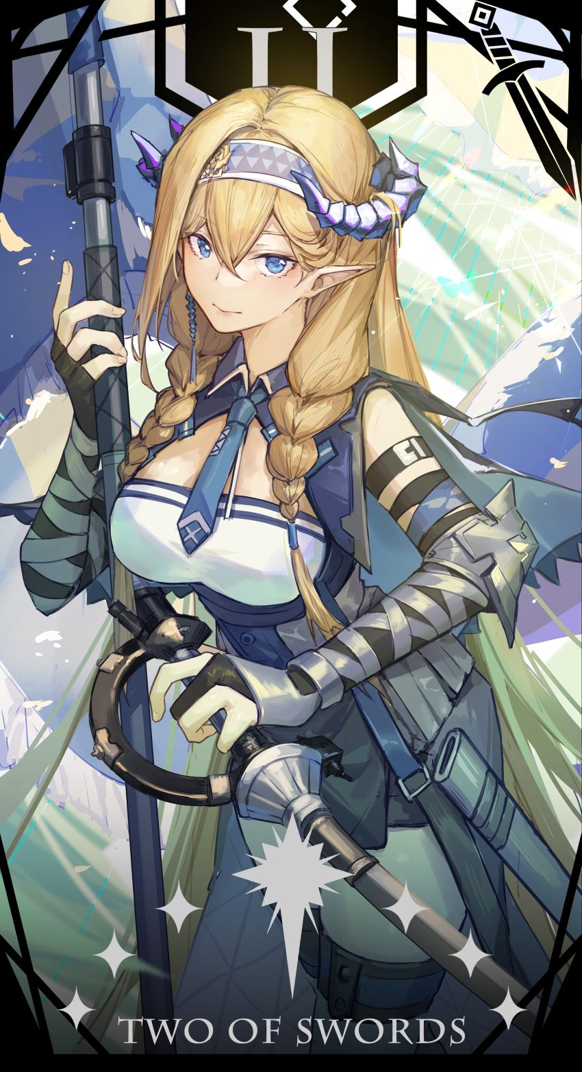 1girl absurdres arknights arm_strap bangs bare_shoulders black_gloves blonde_hair blue_eyes blue_hairband blue_necktie breasts cowboy_shot fingerless_gloves gloves hair_between_eyes hairband hand_up highres holding holding_sword holding_weapon horns kotatsu_kaya large_breasts long_hair looking_at_viewer necktie pointy_ears rapier reverse_grip saileach_(arknights) scabbard sheath smile solo standing sword very_long_hair weapon