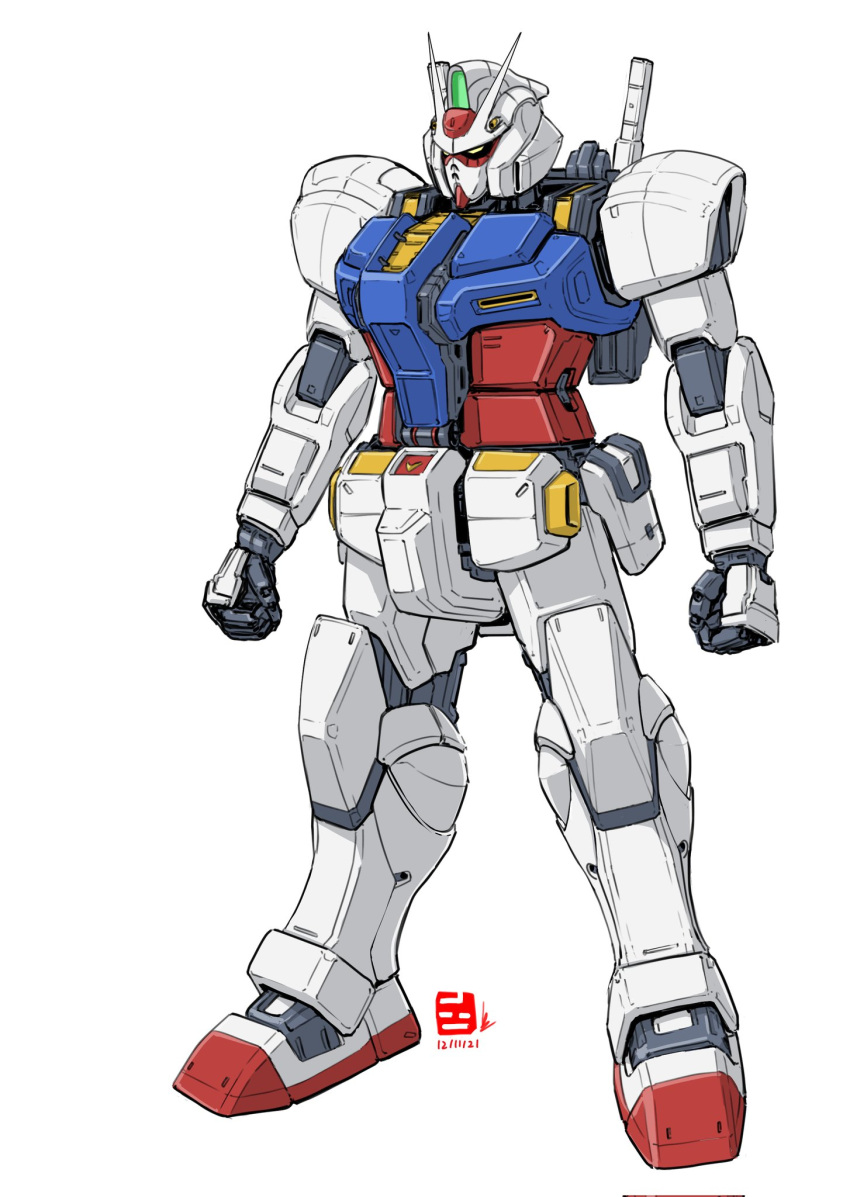clenched_hands dated gundam highres looking_ahead mecha mobile_suit mobile_suit_gundam no_humans pravin_rao_santheran redesign rx-78-2 solo v-fin white_background yellow_eyes