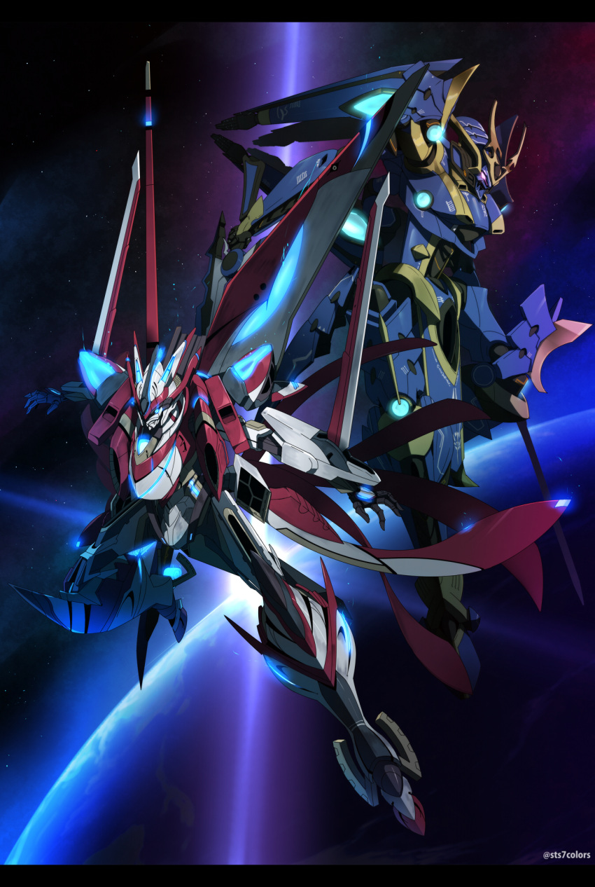 blue_eyes crossover dual_wielding flying glowing glowing_eye highres holding holding_sword holding_weapon ikaruga_(knight's_&amp;_magic) knight's_&amp;_magic letterboxed majestic_prince mecha no_humans open_hands pink_eyes red_five science_fiction space sts super_robot_wars super_robot_wars_30 sword twitter_username weapon