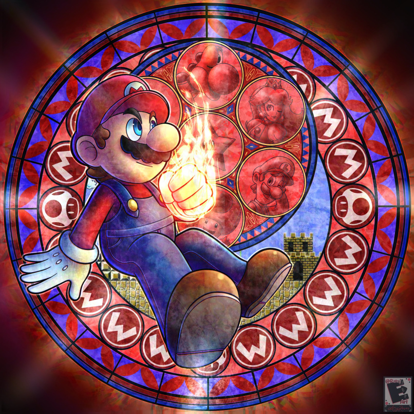 1boy amyroser brown_footwear brown_hair clenched_hand dive_to_the_heart english_commentary flaming_hand gloves hair_behind_ear highres kingdom_hearts luigi male_focus mario mario_(series) overalls parody princess_peach red_headwear red_shirt shirt smile solo stained_glass starman_(mario) super_smash_bros. toad_(mario) watermark white_gloves yoshi