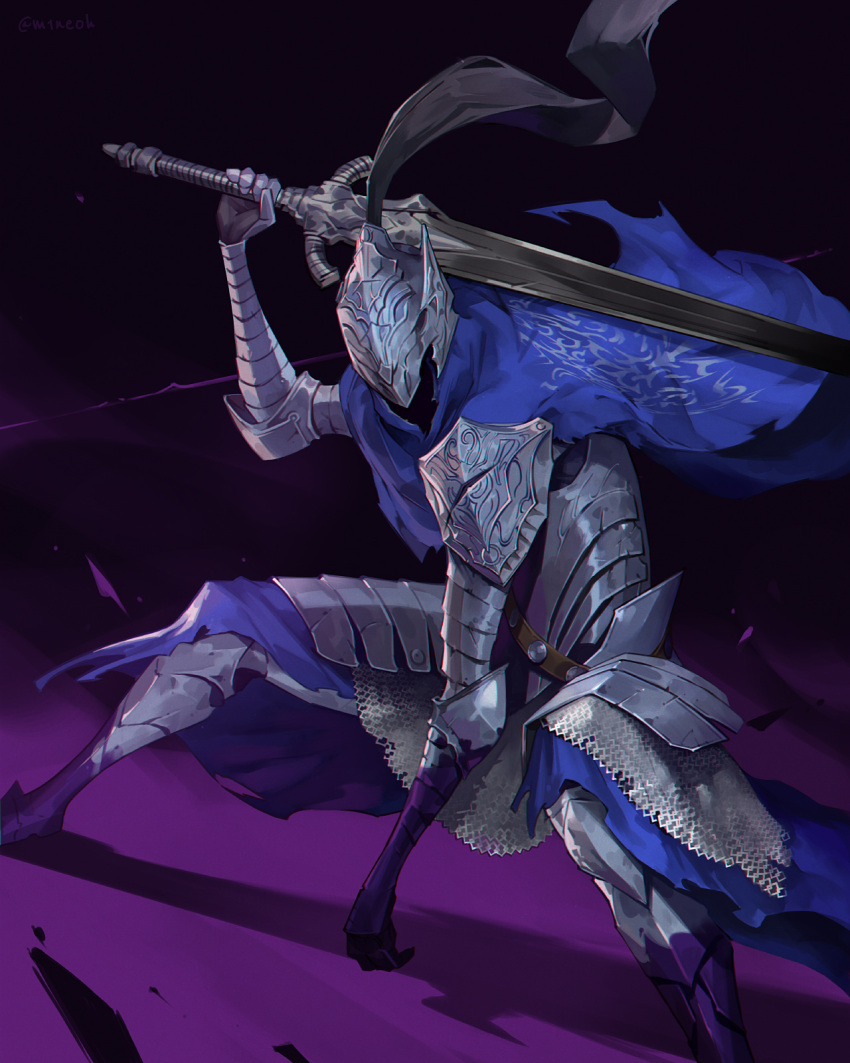 1boy armor artorias_the_abysswalker blood cape commentary_request dark_souls_(series) dark_souls_i full_armor gauntlets helmet highres holding holding_sword holding_weapon jiro_(ninetysix) knight leaning_forward male_focus over_shoulder pauldrons plume purple_blood shoulder_armor solo standing sword torn_cape torn_clothes weapon