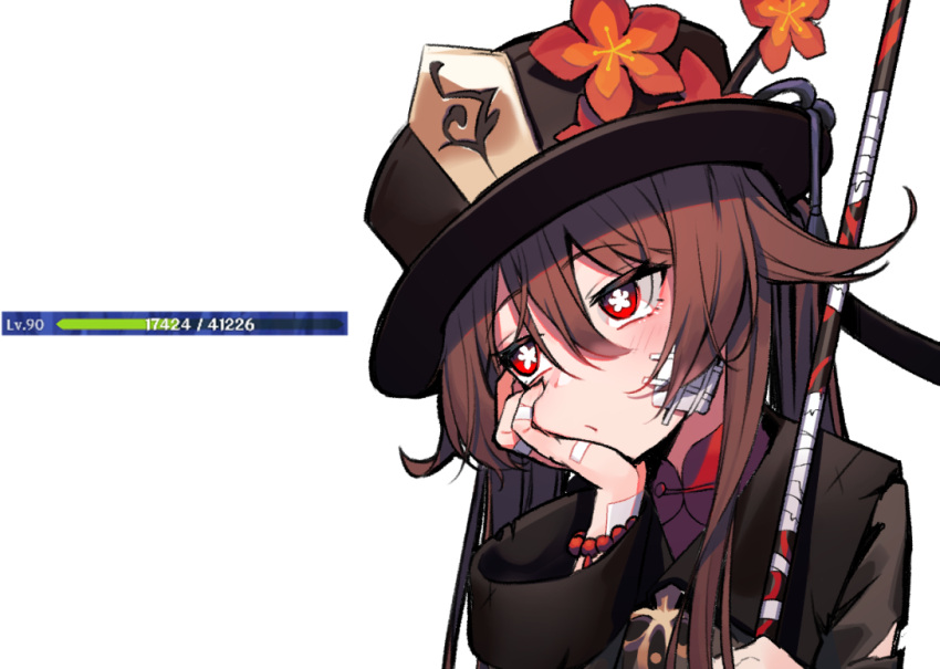 1girl bandaid bandaid_on_arm bandaid_on_hand bead_bracelet beads blush bracelet brown_hair chinese_clothes flower genshin_impact half-closed_eyes hand_on_own_face hat hat_flower health_bar holding holding_weapon hu_tao_(genshin_impact) jewelry long_sleeves overlord_(overlord80000) polearm red_eyes simple_background solo staff_of_homa_(genshin_impact) symbol-shaped_pupils top_hat twintails weapon white_background