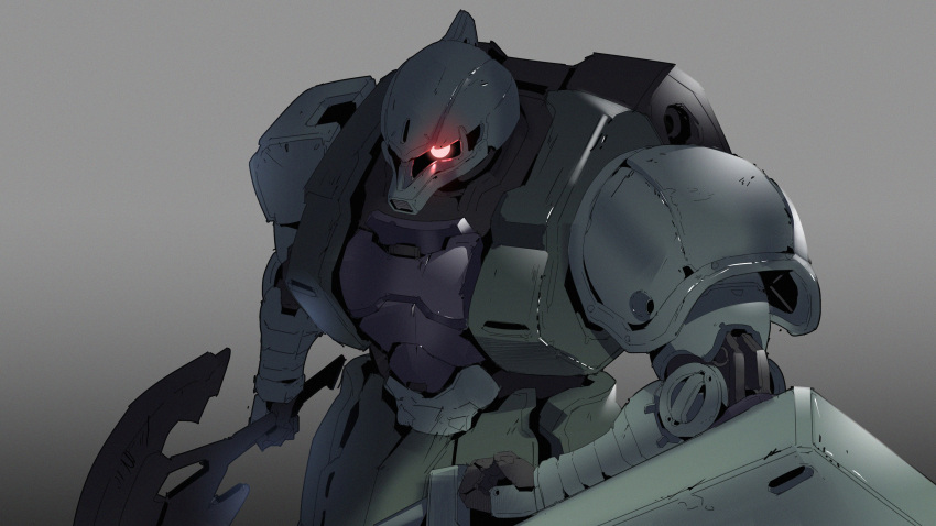 absurdres axe clenched_hand grey_background gundam highres holding holding_axe mecha mobile_suit mobile_suit_gundam no_humans one-eyed red_eyes science_fiction shield solo zaku_i zeon zhu_fun