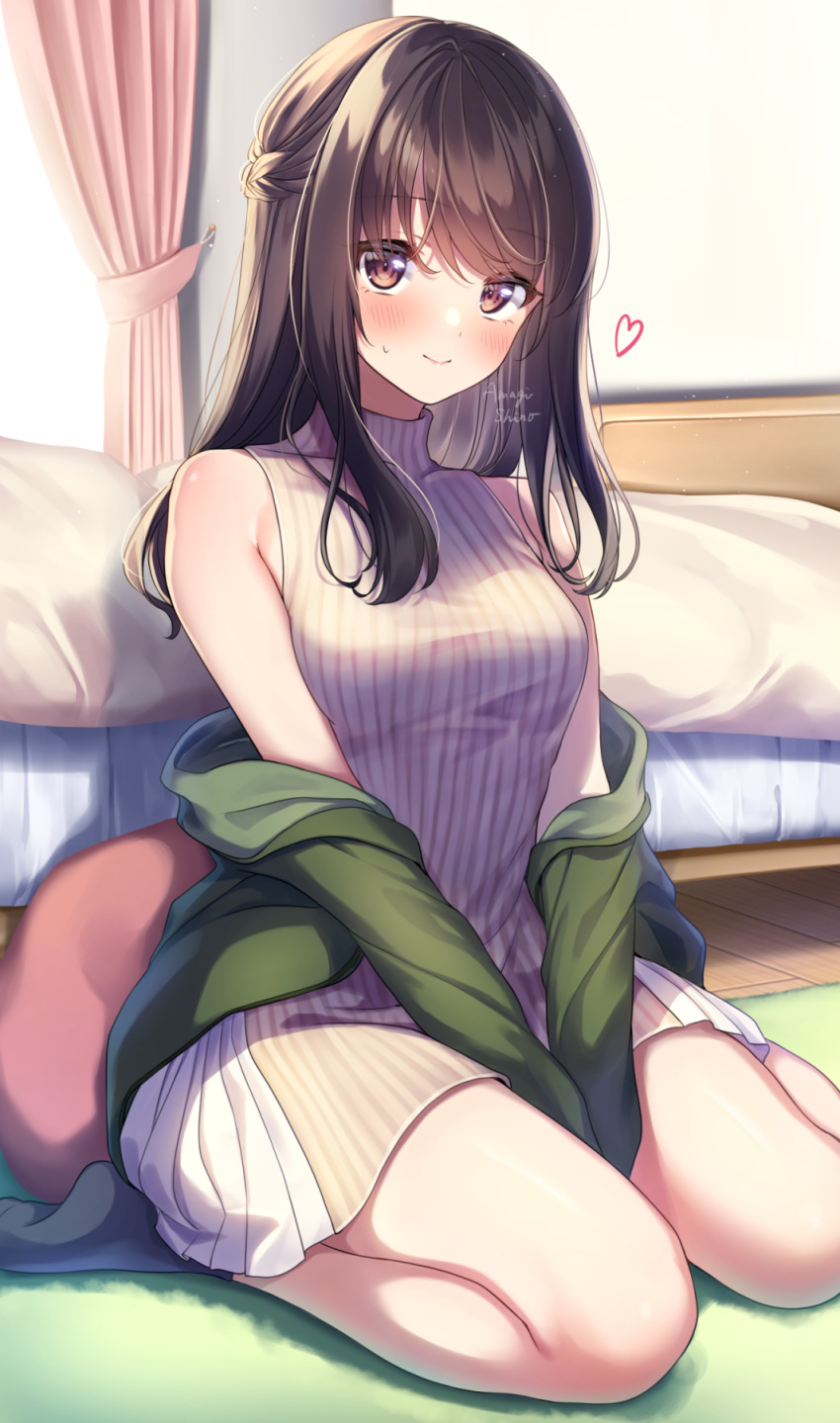 1girl amagi_shino bed black_legwear blush brown_eyes brown_hair carpet commentary_request curtains day heart highres indoors long_hair looking_at_viewer original pillow signature sitting smile socks solo wariza window