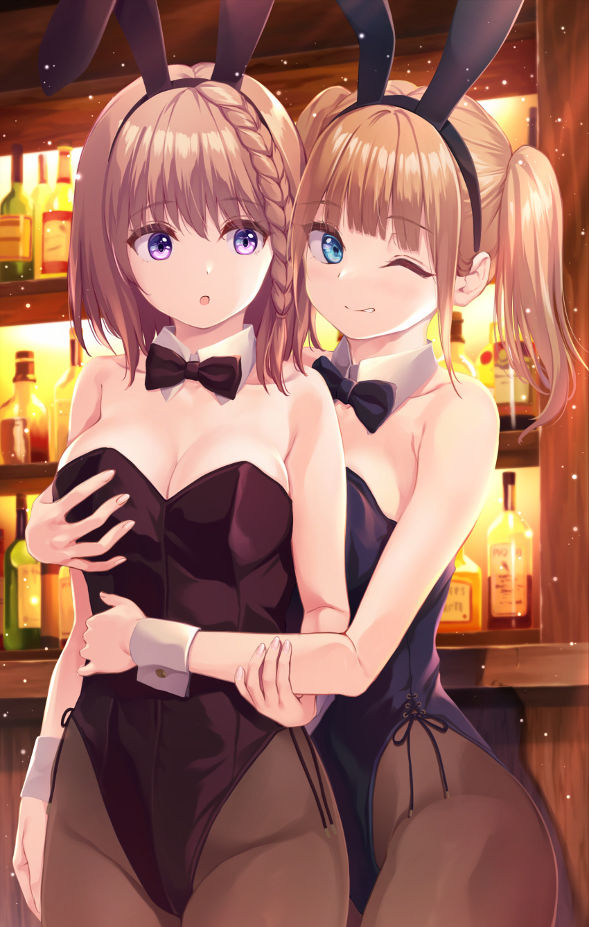 2girls absurdres alcohol animal_ears arm_at_side bangs bare_shoulders black_bow black_bowtie black_hairband black_leotard blue_bow blue_bowtie blue_eyes blue_leotard bottle bow bowtie braid breast_grab breasts brown_hair brown_legwear cleavage commentary_request cowboy_shot detached_collar eyebrows_visible_through_hair fake_animal_ears grabbing grabbing_from_behind hairband hand_on_another's_arm highres indoors leotard light_brown_hair looking_at_viewer medium_breasts medium_hair multiple_boys multiple_girls one_eye_closed open_mouth original pantyhose pasdar playboy_bunny purple_eyes rabbit_ears shelf single_braid standing strapless twintails wrist_cuffs yuri